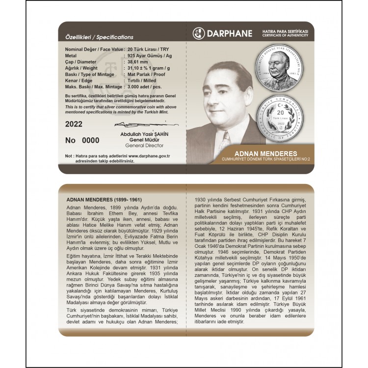 Adnan Menderes - Cumhuriyet Dönemi Türk Siyasetçileri Serisi No:2 Gümüş Hatıra Para Çil Sertifikalı 2022