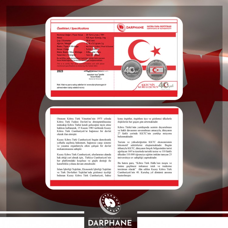 KKTC'nin Kuruluşunun 40.Yılı Mineli Gümüş Hatıra Para Çil Sertifikalı 2023
