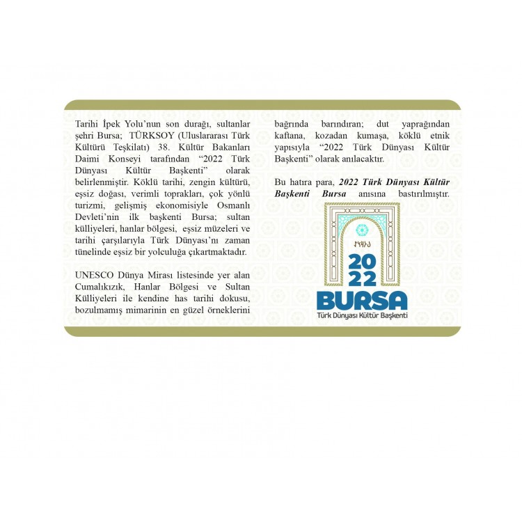 Türk Dünyası Kültür Başkenti Bursa Bronz Hatıra Para Çil Sertifikalı 2022 PDC159 Altın Kaplama