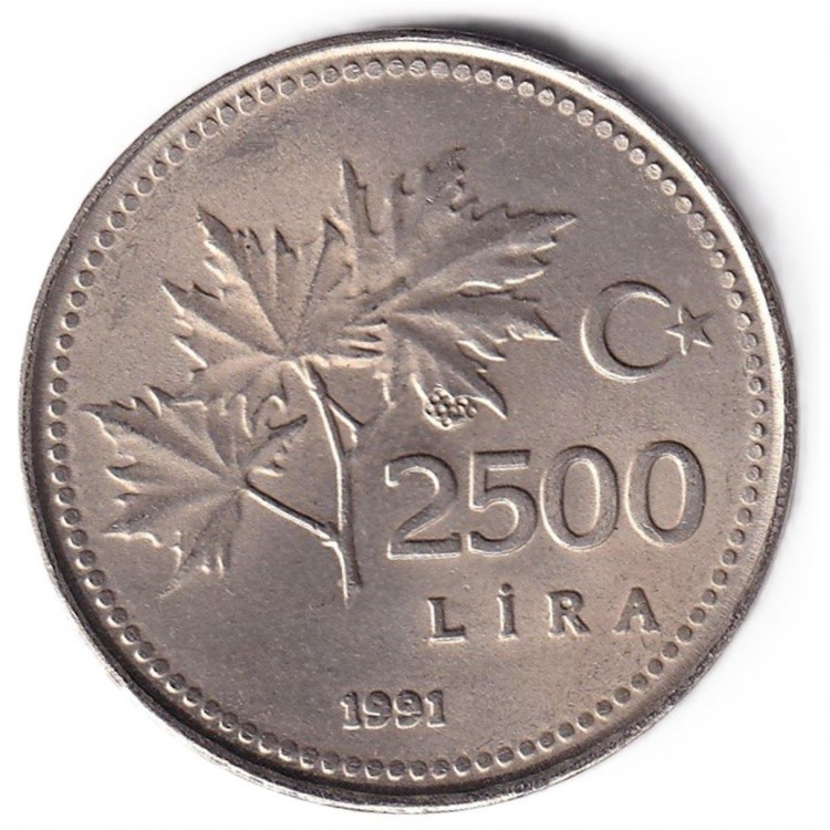 2.500 Lira 1991 Çil Eski Madeni Para Nikel Kenar Yazısı Ters