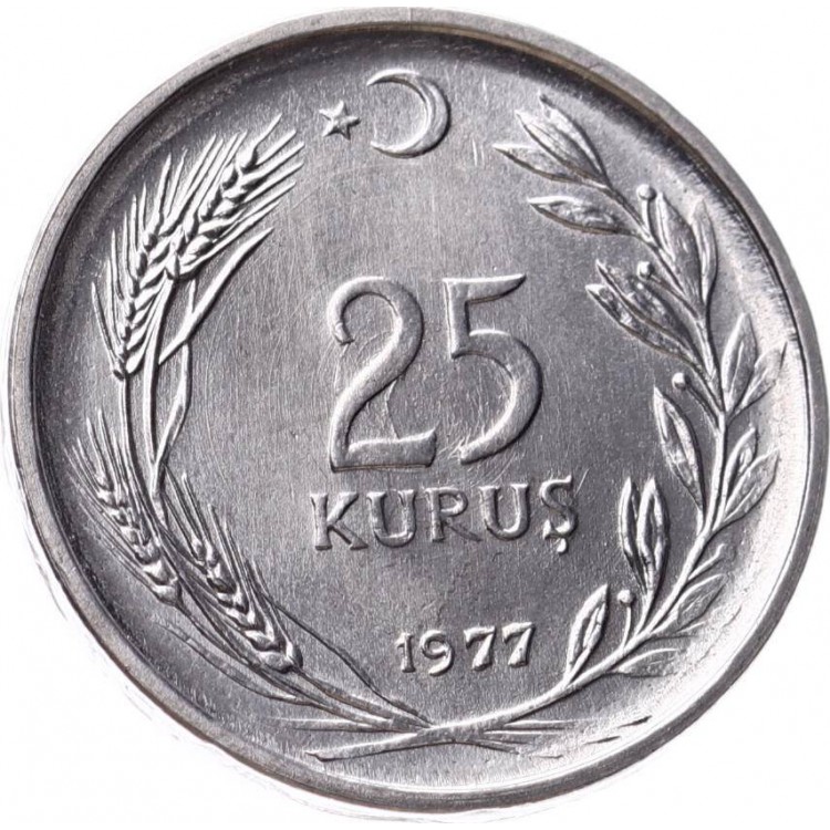 25 Kuruş 1977 Çil Eski Madeni Para Acmonital Kenar Yazısı Düz