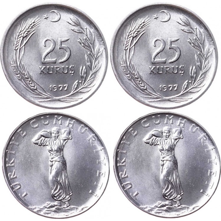 25 Kuruş 1977 Çil Eski Madeni Para Acmonital Kenar Yazısı Ters-Düz 2Lİ Takım