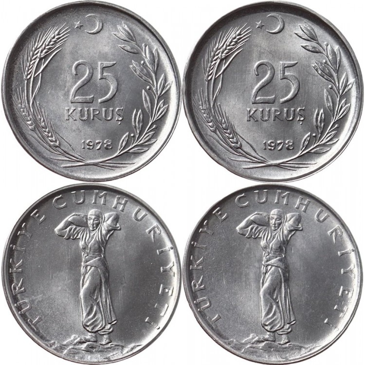 25 Kuruş 1978 Çil Eski Madeni Para Acmonital Kenar Yazısı Ters-Düz 2Li Takım